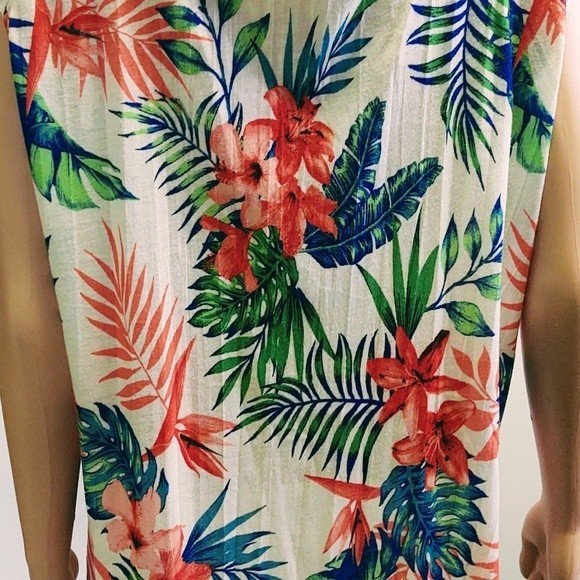 EUC NEW YORK LAUNDRY TROPICAL FLORAL RAW HEMLINE LACE SLEEVES POLYESTER TOP XL - Picture 4 of 10
